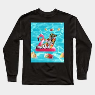 Tiger Chilling On Flamingo Floatie In Pool Sunglasses Funny Long Sleeve T-Shirt